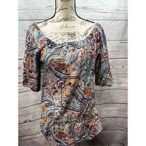 Abbeline medium multi colored blouse, scrunch around‎ waist and neckline (2107)